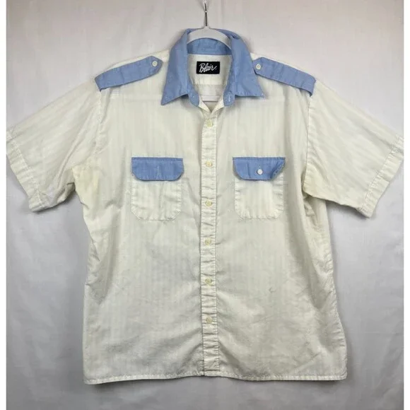 Vintage Blair Shirt Mens Button Up SS Shoulder Tabs White Blue Pockets (Stained) - Picture 10 of 11